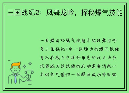 三国战纪2：凤舞龙吟，探秘爆气技能